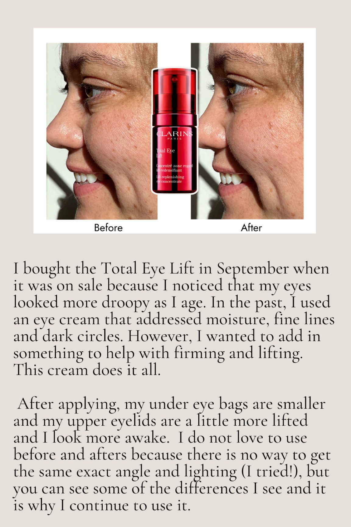 I love the Clarins Total Eye Lift because it is an all in one anti aging eye cream. #clarinspartner