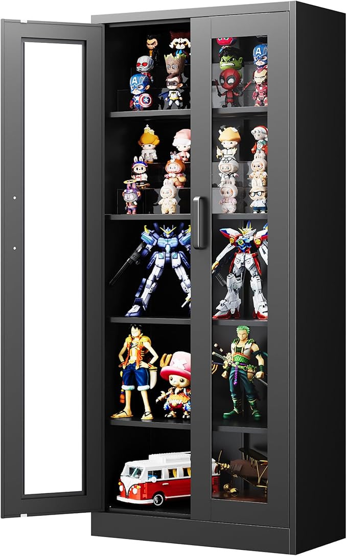 Display Storage Cabinet with Glass Door, 67 Inches Metal Curio Cabinet with 4 Adjustable Shelves,... | Amazon (US)