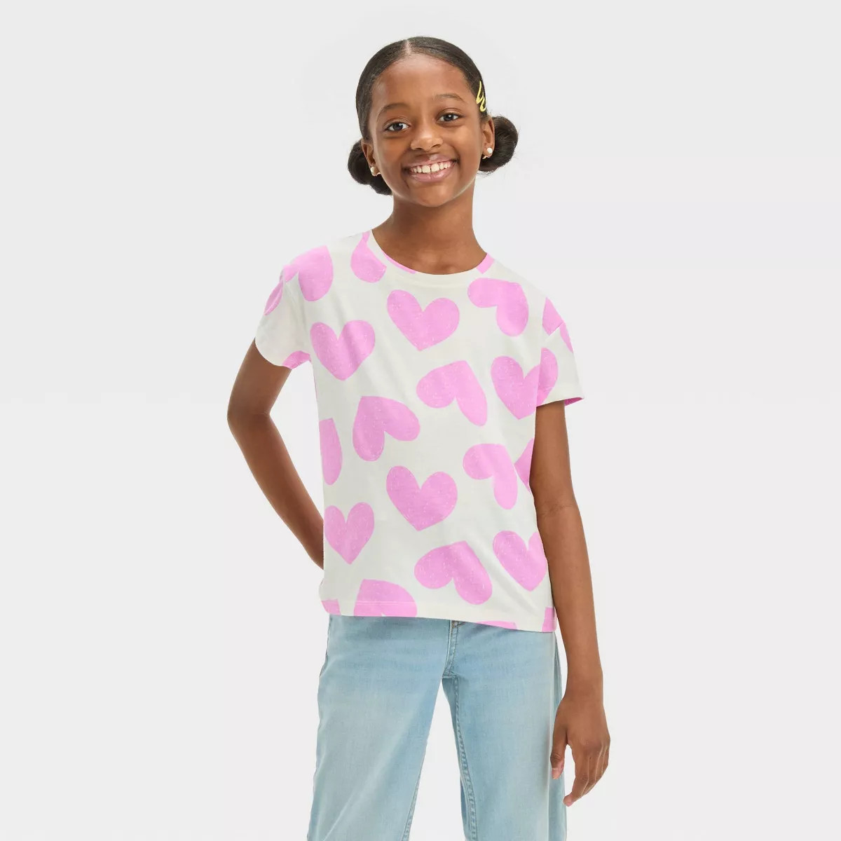 Girls' Short Sleeve Heart T-Shirt - Cat & Jack™ Cream/Lavender M | Target