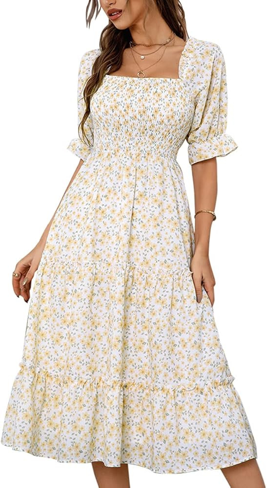 MOPOOGOSS Womens Half Puff Sleeve Elastic Bust Square Neck Floral Ruffle Chiffon Off Shoulder Flo... | Amazon (US)