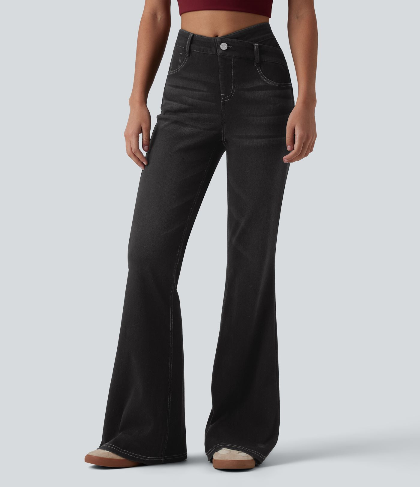 Women’s Halara Flex™ High Waisted Crossover Tummy Control Bootcut Casual Jeans with Pockets -... | HALARA