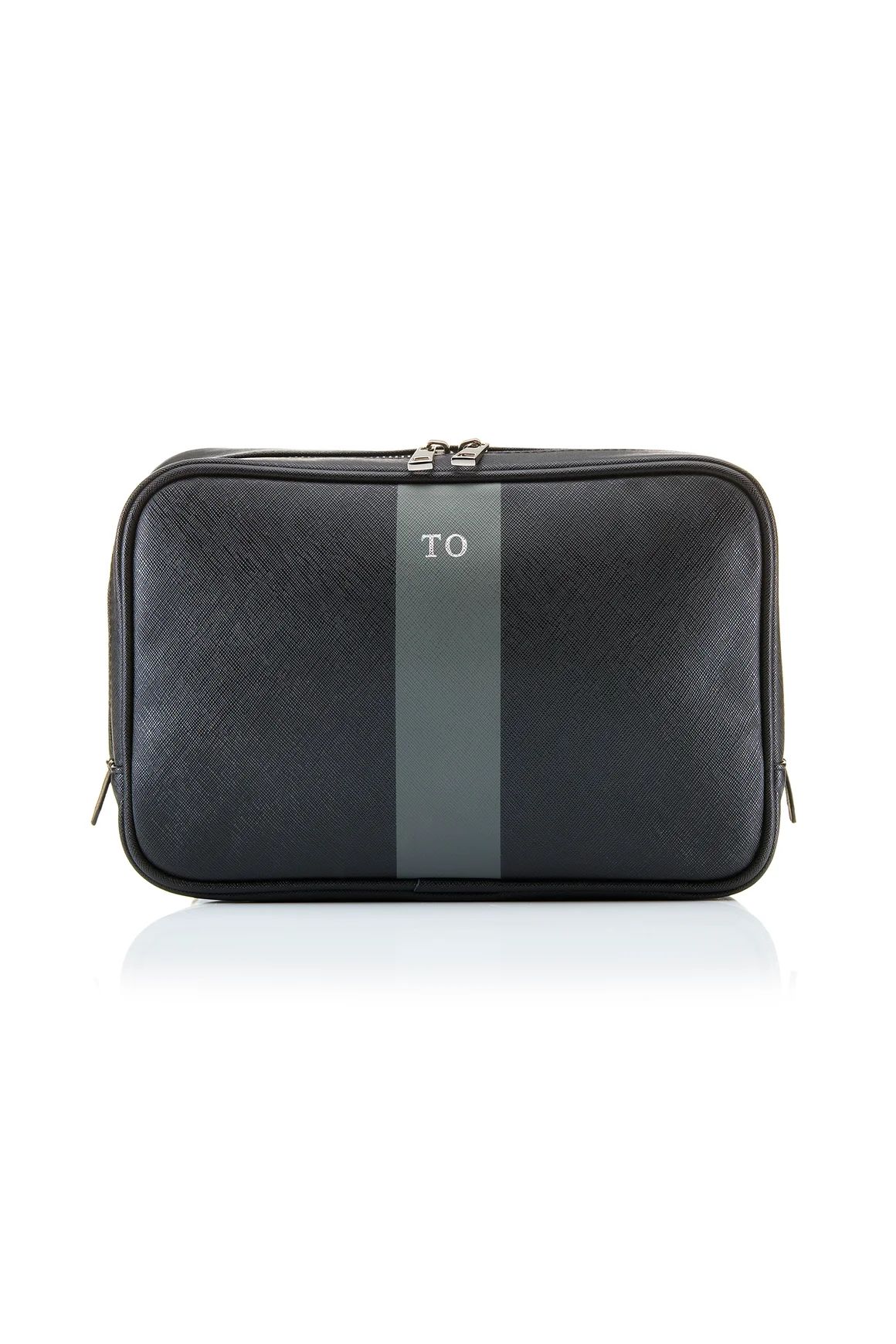 Personalised Leather Striped Wash Bag - Black Saffiano with Silver Hardware | HA Designs
