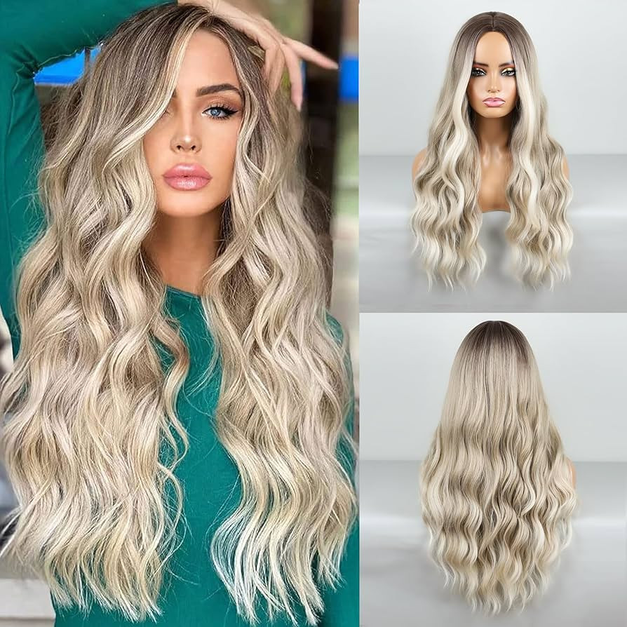 HANYUDIE Ombre Blonde Wig Long Wavy Wig For Women Middle Part Wavy Wigs Synthetic Heat Resistant Party Wigs (Ombre Ash Blonde) | Amazon (US)