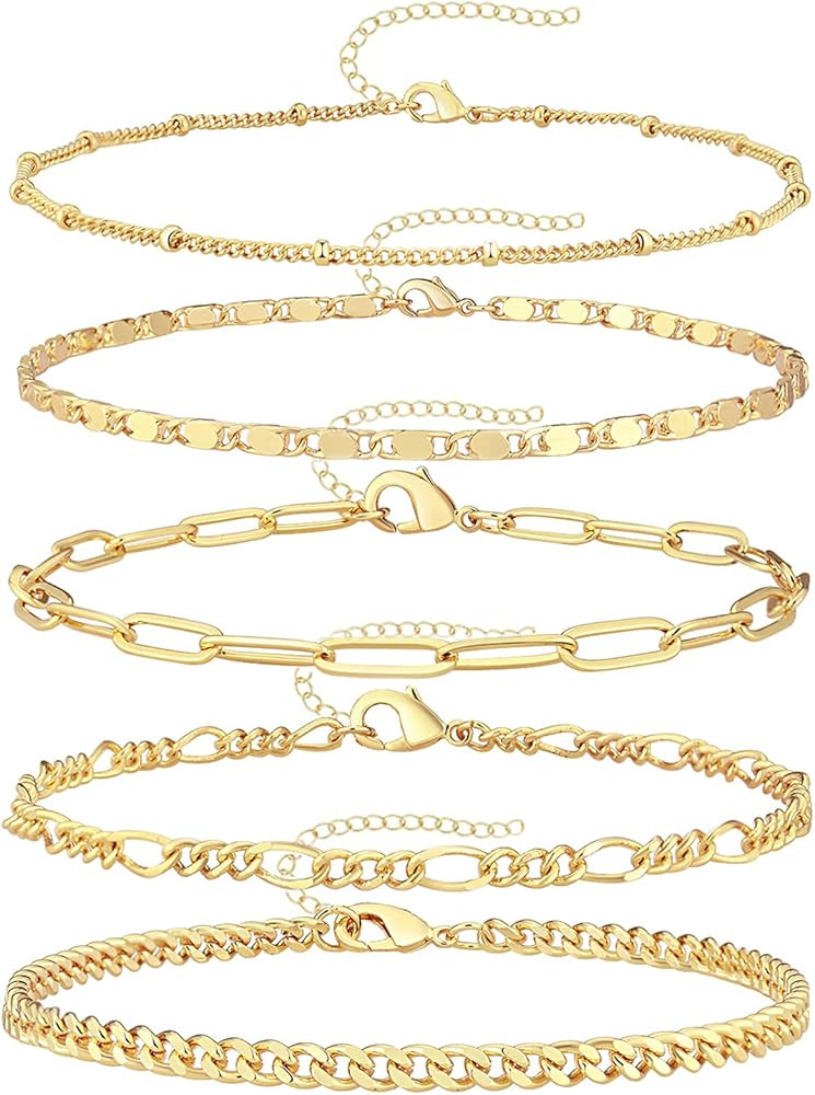 Reoxvo Valentines Day Gifts for Her - Dainty Gold Chain Bracelets Set for Women 14K Real Gold Pla... | Amazon (US)