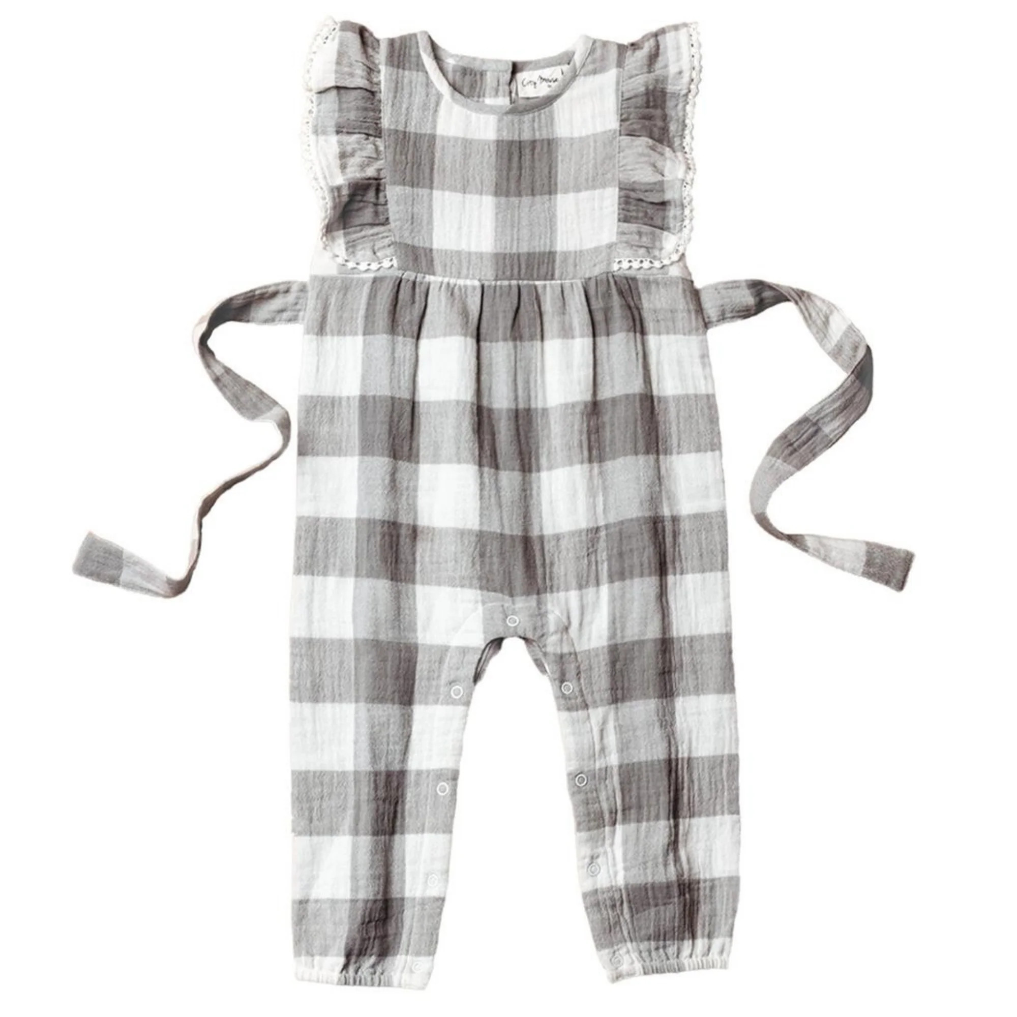Crinkle Cotton Flutter Long Romper, Silver Check | SpearmintLOVE