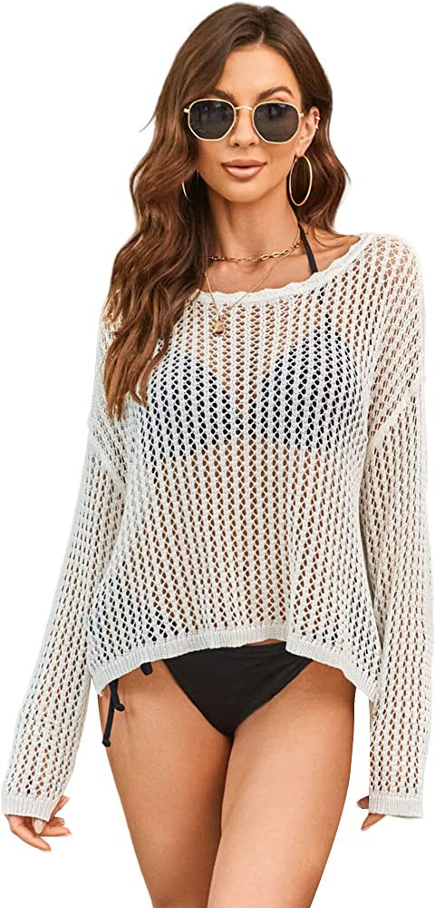 ZAFUL Women's 2023 Summer Cover Up Long Sleeve White Beach Top Beach Sweater | Amazon (US)
