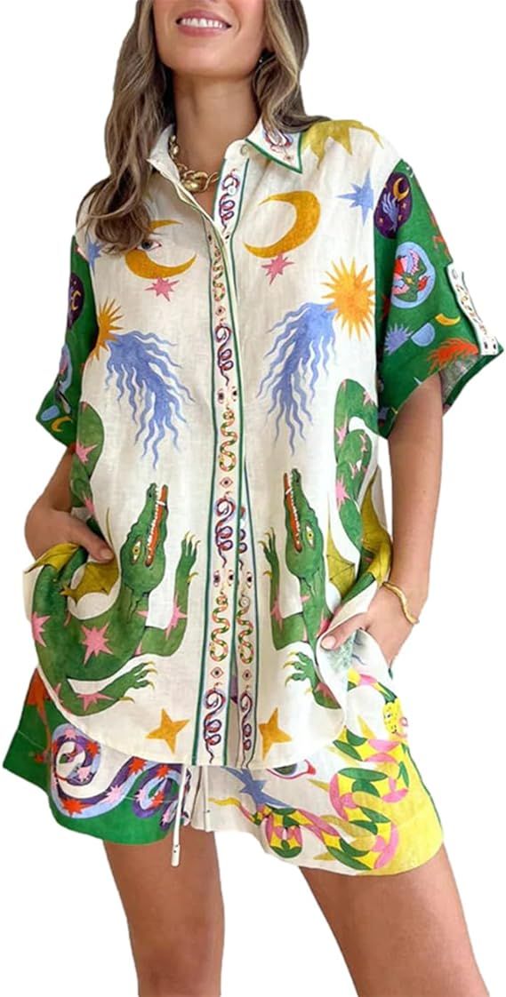 Women's Pajama Set 2 Piece Printed Sleepwear Blouses with Shorts Lounge Outfits | Amazon (US)