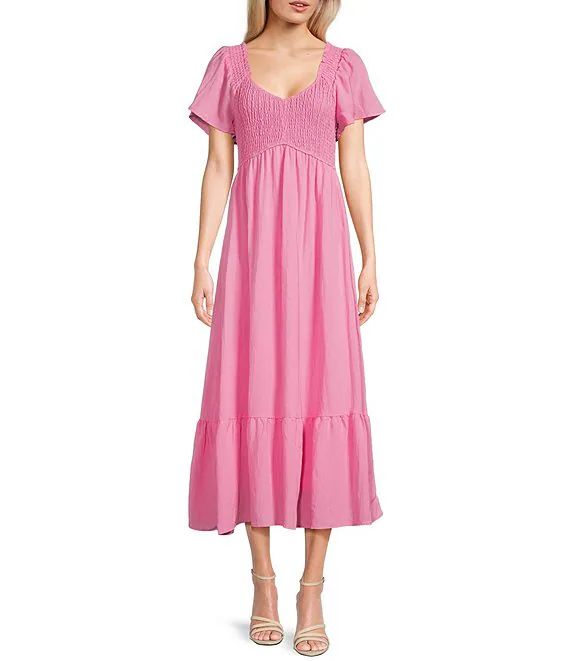 Flutter Sleeve Smocked V-Neck Midi Dress | Dillard's
