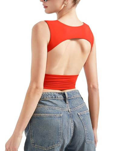 SUUKSESS Women Sexy Backless Tank Top Summer Going Out Y2k Sleeveless Basic Crop Tops Shirts (Red,M) | Amazon (US)