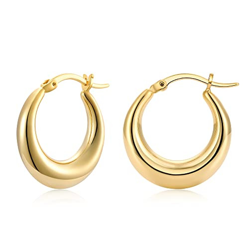 Chunky Gold Hoop Earrings for Women 14k Gold Plated Stainless Steel Thick Hoop Earrings Dainty Cute Hypoallergenic Earrings Minimalist Jewelry Gift | Amazon (US)