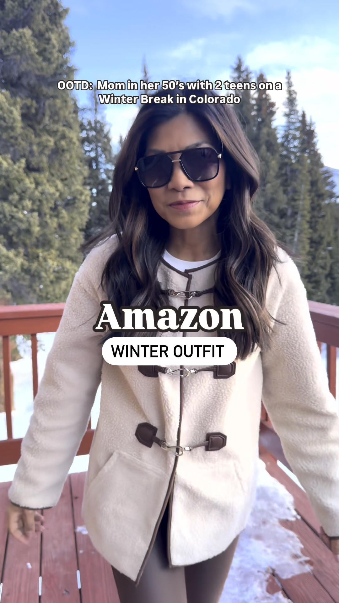 
Sherpa fleece jacket in small, tts; color is  Apricot. So soft and looks high end. 
Faux leather leggings in small, tts.
Waterproof winter boots fit tts. I swapped out the orange shoelaces to Ivory.
Wool socks are linked. 
White long sleeve tee underneath in size medium(size up).
Lululemon Sherpa crossbody bag. 
My fav thermal set is linked, wearing small tts. I packed  3 colors for this trip. 
Winter outfit, Amazon finds, fashion over 50, midlife fashion, petite fashion, vacation outfit, snowboarding day outfit. 

#LTKOver40 #LTKFindsUnder50 #LTKSaleAlert