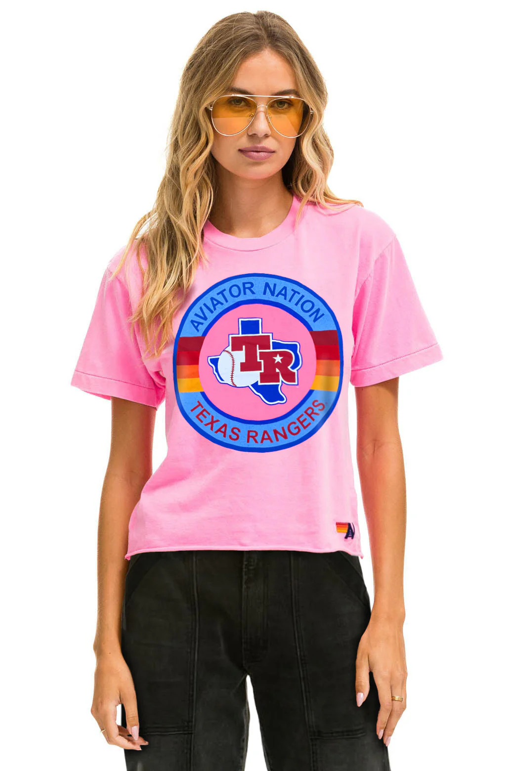 TEXAS RANGERS AVIATOR NATION WOMEN'S BOYFRIEND TEE - NEON PINK | Aviator Nation
