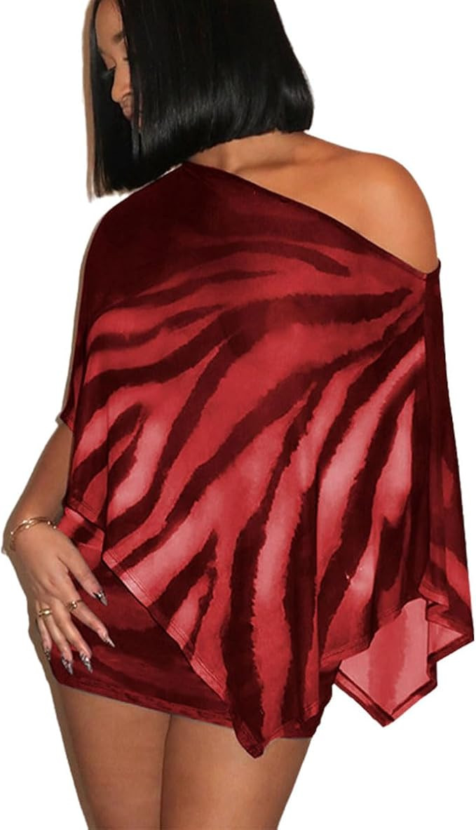 Wuitrie Two Piece Sets for Women Animal Print Off the Shoulder Poncho Tops Bodycon Fit Mini Skirt... | Amazon (US)