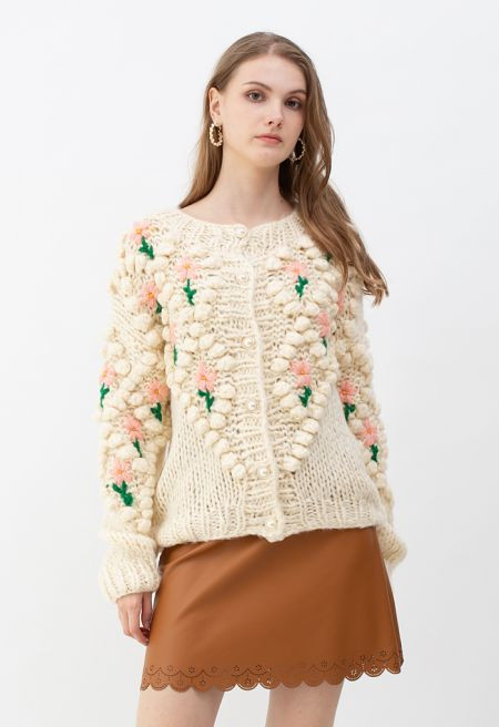 Stitch Floral Diamond Pom-Pom Hand Knit Cardigan | Chicwish