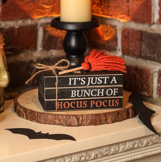 Halloween Wood Book Stack, Hocus Pocus Mini Faux Decorative Books Bundle with Broom, Halloween Ti... | Amazon (US)