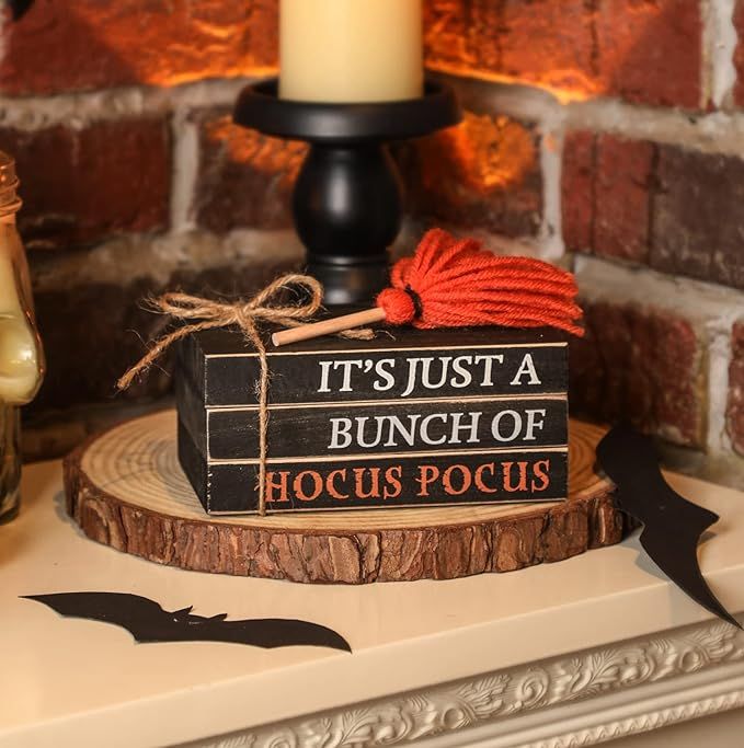 Halloween Wood Book Stack, Hocus Pocus Mini Faux Decorative Books Bundle with Broom, Halloween Ti... | Amazon (US)
