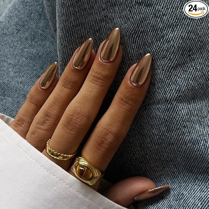 Bronze Chrome Press on Nails Medium Almond, KQueenest Metallic Brown Acrylic Fake Nails Medium St... | Amazon (US)
