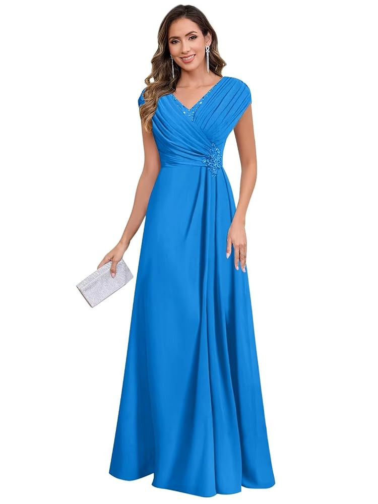 Women's V Neck Mother of The Bride Dresses Long Cap Sleeve Chiffon Pleated Formal Evening Gown | Amazon (US)