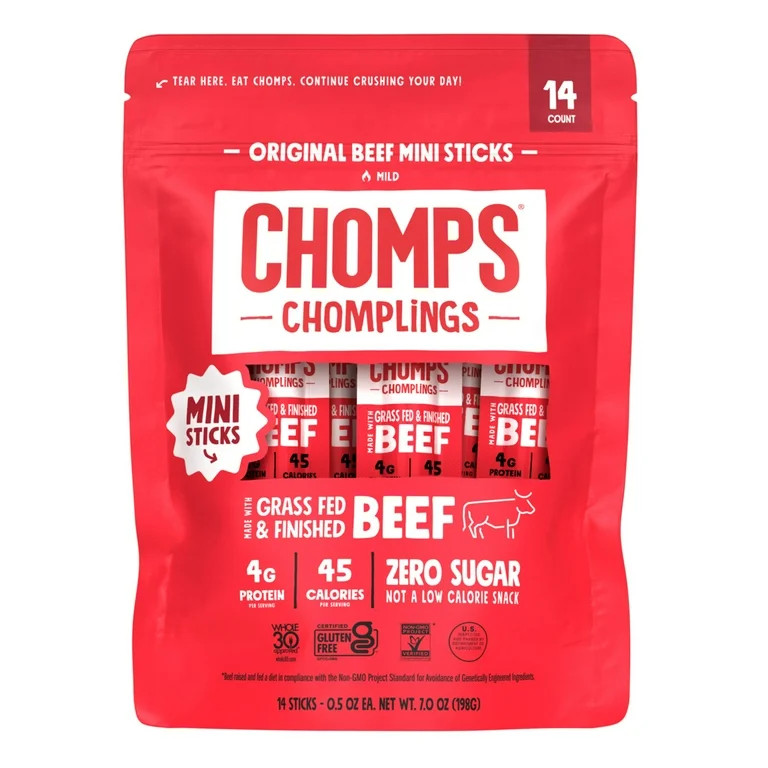 Chomplings Grass-Fed and Finished Original Beef Mini Jerky Snack Sticks, 4g of Protein (14 Count) | Walmart (US)