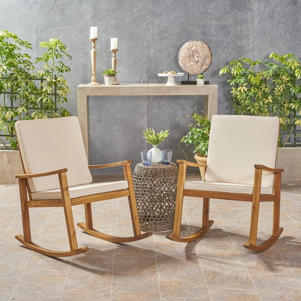 Outdoor Acacia Wood Rocking Chair with Cushions,Teak,Cream | Walmart (US)