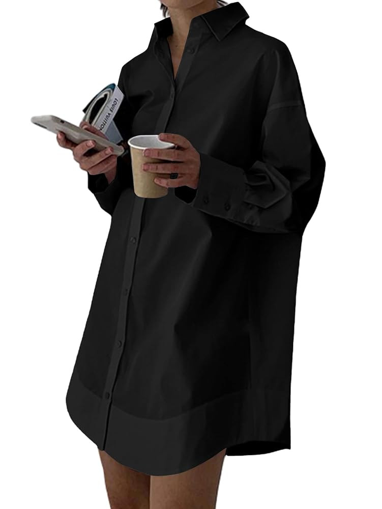 LYANER Women's Casual Shirt Dress Collar V Neck Button Down Loose Long Sleeve Mini Dresses | Amazon (US)