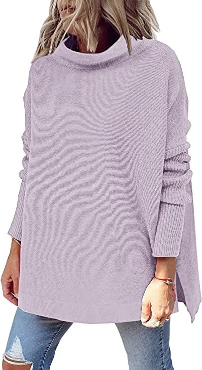 LILLUSORY Women's Mock Turtleneck Casual Oversized Sweater Long Batwing Sleeve Split Hem Ribbed K... | Amazon (US)