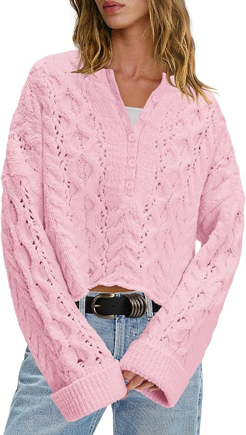 LAMISSCHE Cable Knit Sweater Women Cropped Sweaters Oversized Fall Sweaters Long Sleeve Half Butt... | Amazon (US)