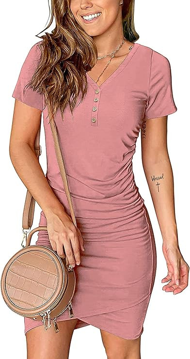 BTFBM Women’s 2021 Casual V Neck Short Sleeve Ruched Bodycon T Shirt Short Mini Dresses with Bu... | Amazon (US)