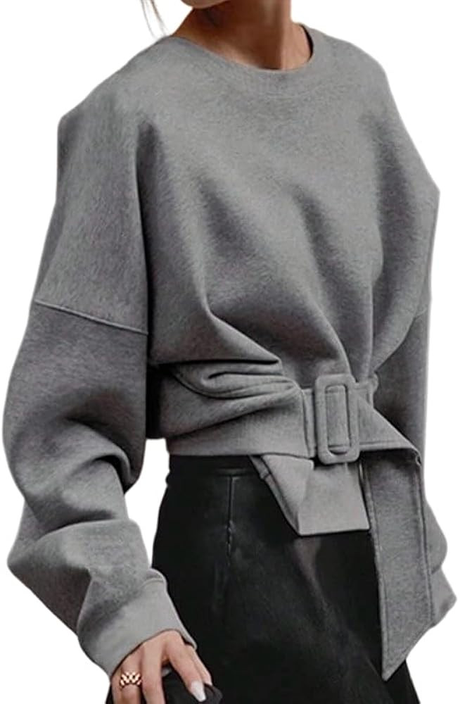 UOOZEE Women's Buckle Belted Oversized Sweatshirt Long Sleeve Crewneck Tie Waist Pullover Tops Fa... | Amazon (US)