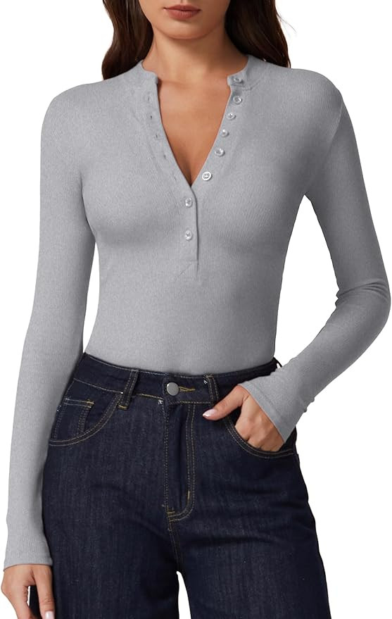 QINSEN Button Down Shirts for Women V Neck Long Sleeve Ribbed Knit Slim Fit Basic Tee Tops | Amazon (US)