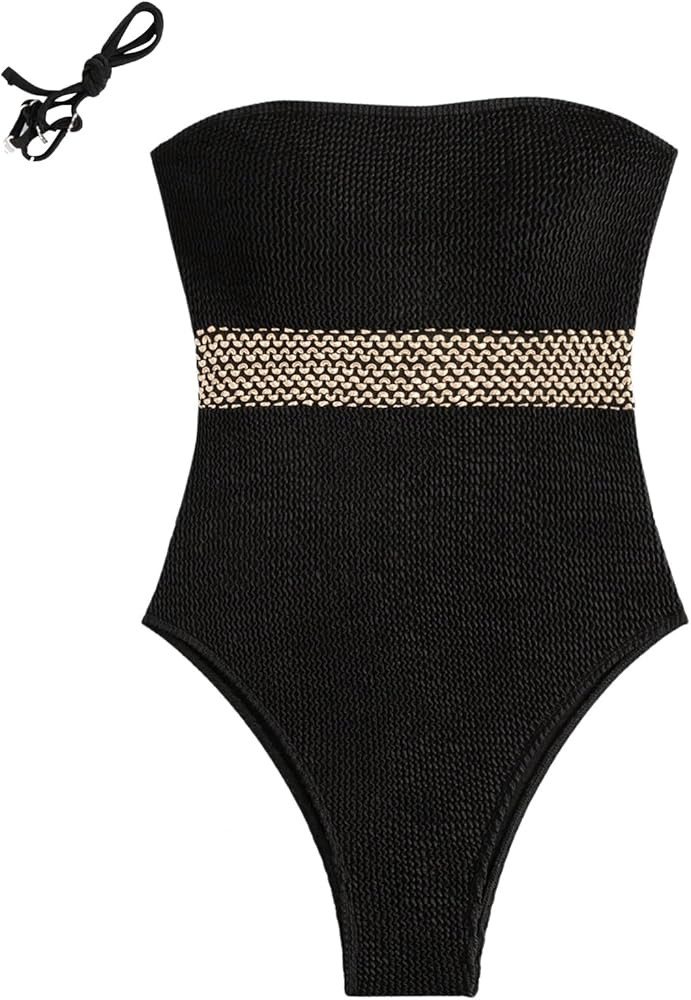 MakeMeChic Women's Colorblock Bandeau One Piece Swimsuits Tummy Control Bathing Suit with Straps | Amazon (US)