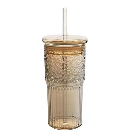 Torqee Glass Cup with Lid and Straw, Vintage Ripple Texture Cup, Iced Coffee Glassware, for Water, Tea and Daily Drinking (Yellow) | Walmart (US)