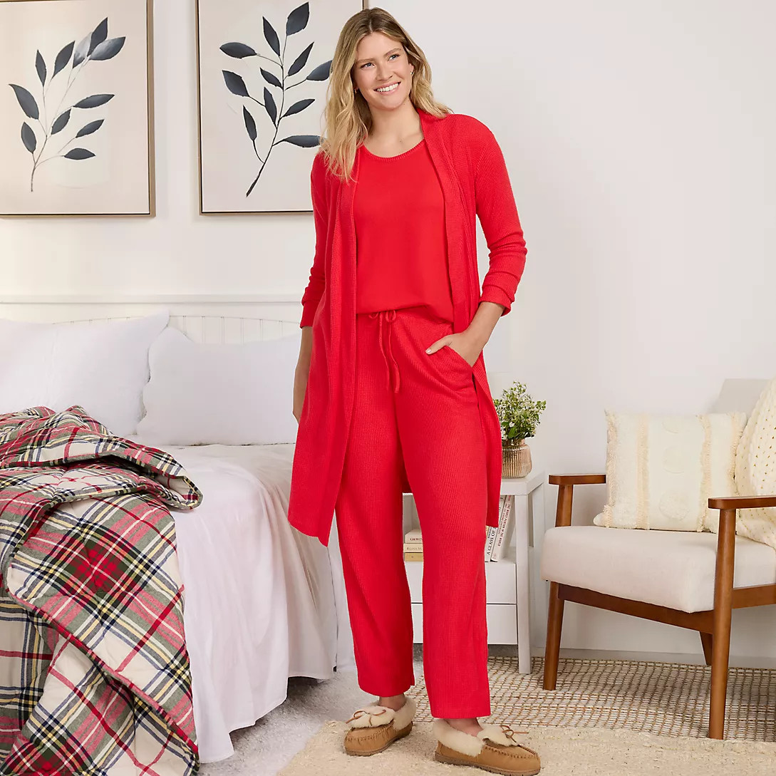 Women's Brushed Cozy Waffle Jersey 3 Piece Pajama Set - Tank Top Pant and Robe | Lands' End (US)