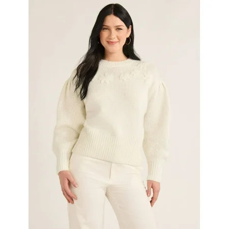 Free Assembly Women s & Women s Plus Embroidered Flower Sweater with Long Sleeves Midweight Sizes XS-4X | Walmart (US)
