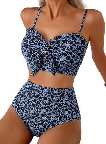 Herseas Womens High Rise Bikini Sets Push Up Floral Textured 2 Piece Swim Suit 2026 Knotted Front Ruffle Trim Slimming Teens Girls Full Coverage Bathing Suits Cruise Essentials Blue Small | Amazon (US)