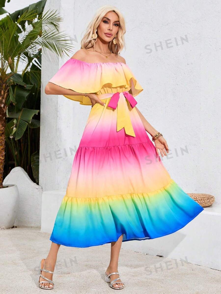 SHEIN VCAY Gradient Print One Shoulder Ruffle Hem Dress | SHEIN