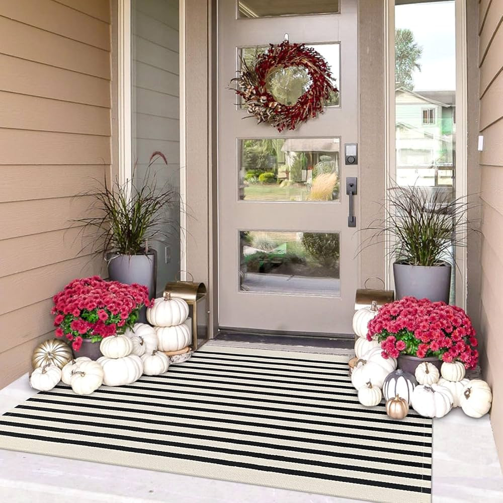IOHOUZE Black Beige Striped Rug -3'x5' Front Door Rugs Outdoor, Washable Area Rug for Front Porch... | Amazon (US)