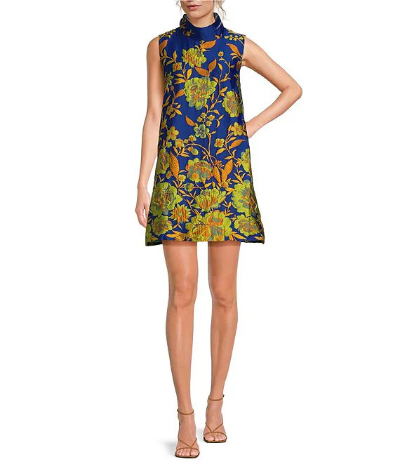 Buru Brocade Mock Neck Sleeveless Shift Dress | Dillard's | Dillard's