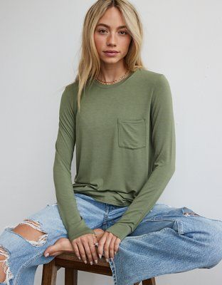 AE Soft & Sexy Long-Sleeve Pocket Tee | American Eagle Outfitters (US & CA)