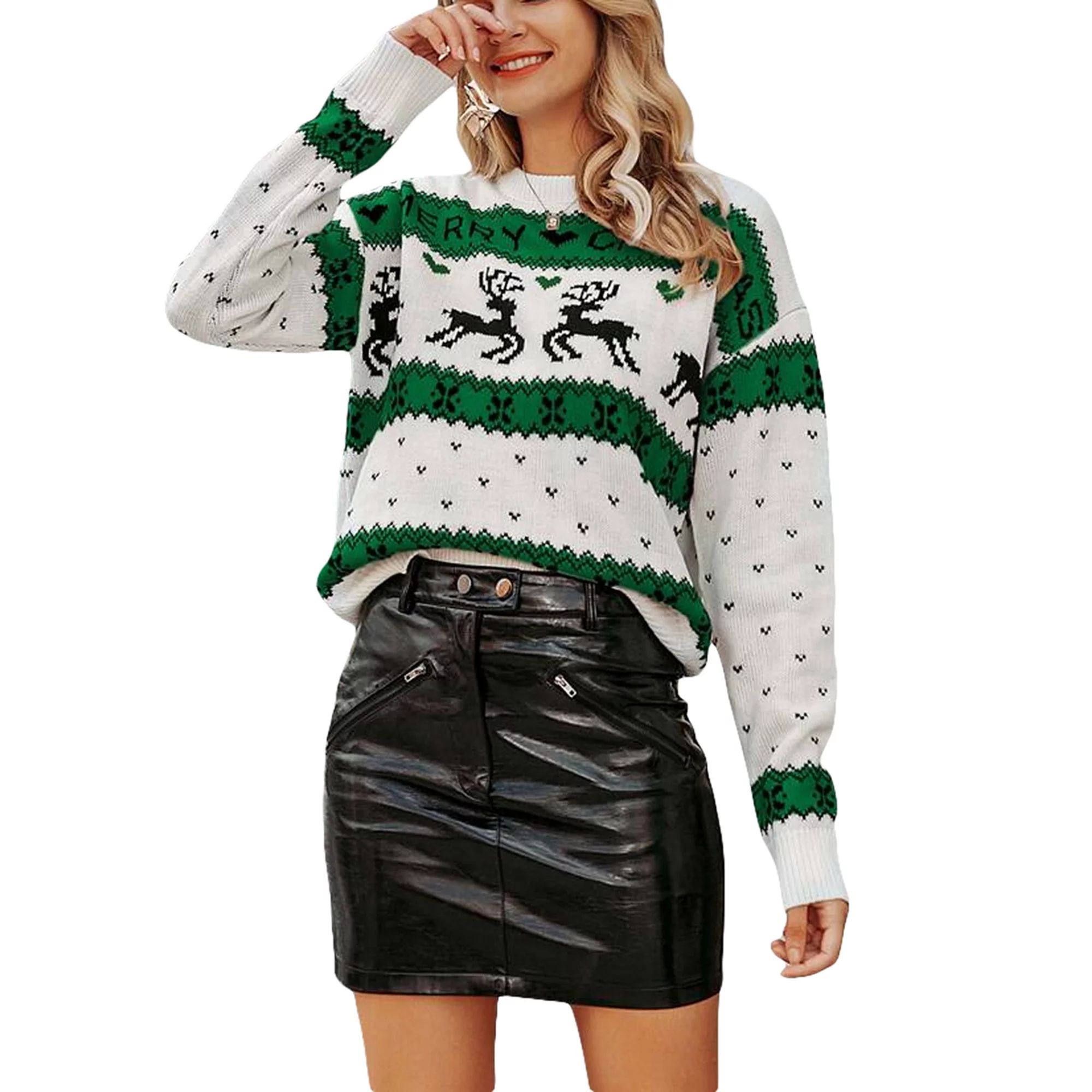 Women Christmas Knit Sweater Elk Pattern Long Sleeve Pullovers | Walmart (US)