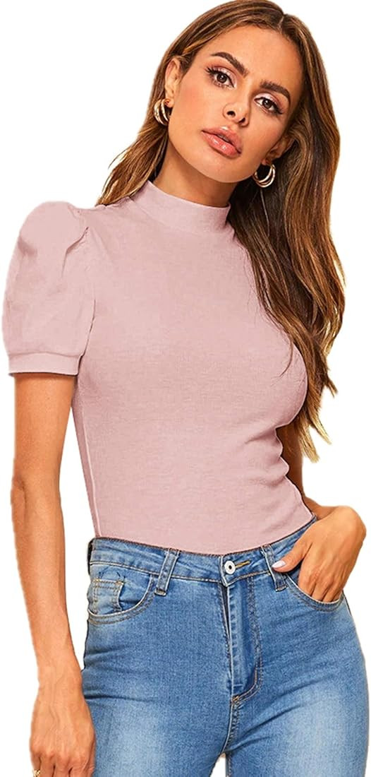 Floerns Women's Solid Tee Mock Neck Short Puff Sleeve Tops Blouse | Amazon (US)