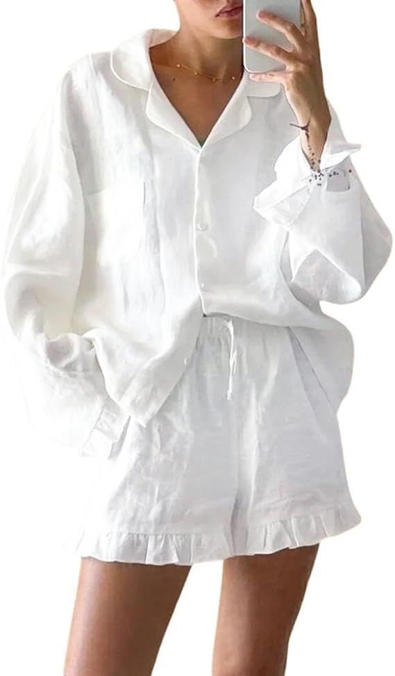 Xfileen Women Ruffle 2 Piece Sets Long Sleeve Button Down Shirt and Shorts Pajamas Sets | Amazon (US)
