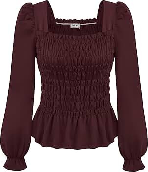 LIUMILAC Women Square Neck Smocked Blouse Long Sleeve Shirred Ruffle Peplum Tops | Amazon (US)