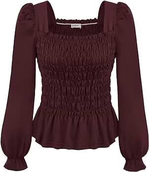LIUMILAC Women Square Neck Smocked Blouse Long Sleeve Shirred Ruffle Peplum Tops | Amazon (US)