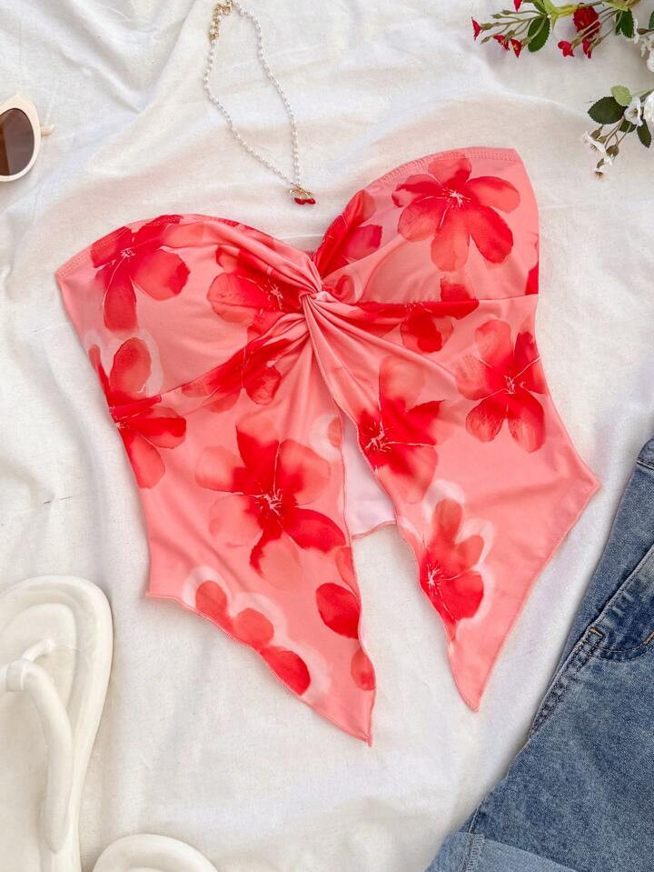 Soleia Women's Holiday Pink Floral Print Strapless Front Split Hem Chiffon Comfortable Blouse, Fashion Autumn/Winter Outfit Suitable For Afternoon Tea | SHEIN