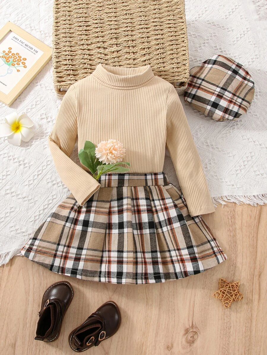 Toddler Girls Mock Neck Tee & Plaid Pleated Skirt & Hat
   SKU: sk2206299649490396      
        ... | SHEIN