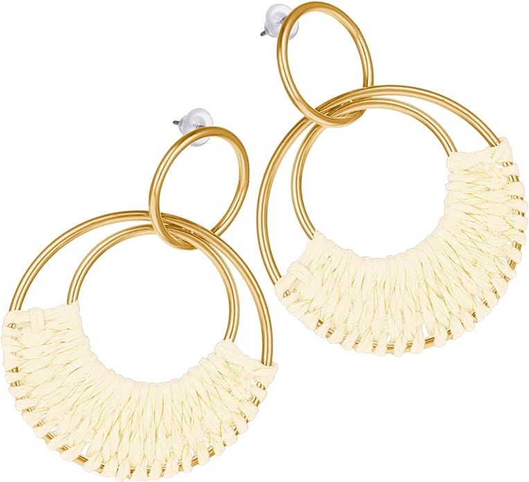 Lusofie Rattan Weave Boho Earrings for Women, Raffia Hoop Dangle Earring Straw Wicker Braid Bohem... | Amazon (US)