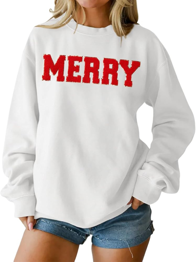 IZYJOY Christmas Women's Merry Graphic Sweatshirt Chenille Patch Letter Printed Crewneck Xmas Gif... | Amazon (US)