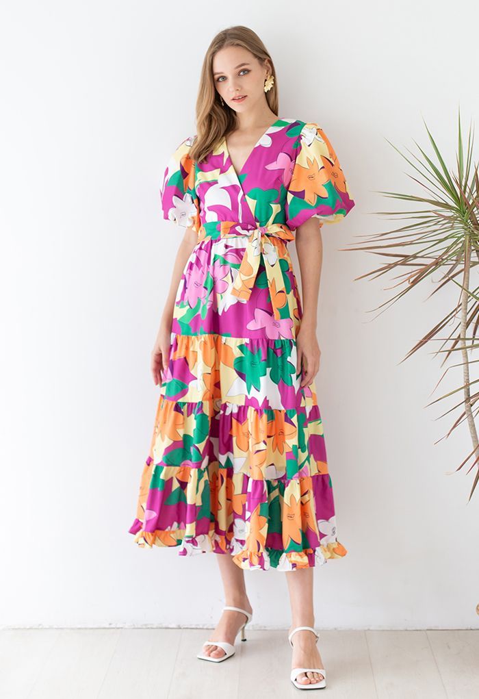 Leaf Palette Puff Sleeve Wrapped Maxi Dress | Chicwish