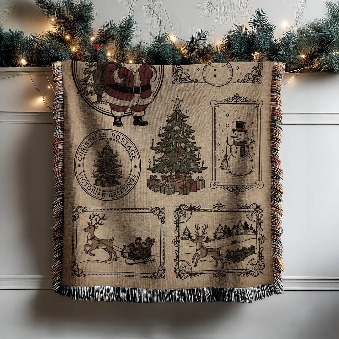 Vintage Christmas Woven Blanket Santa Claus Reindeer and Snowman Holiday Decor Rustic Christmas T... | Etsy (US)